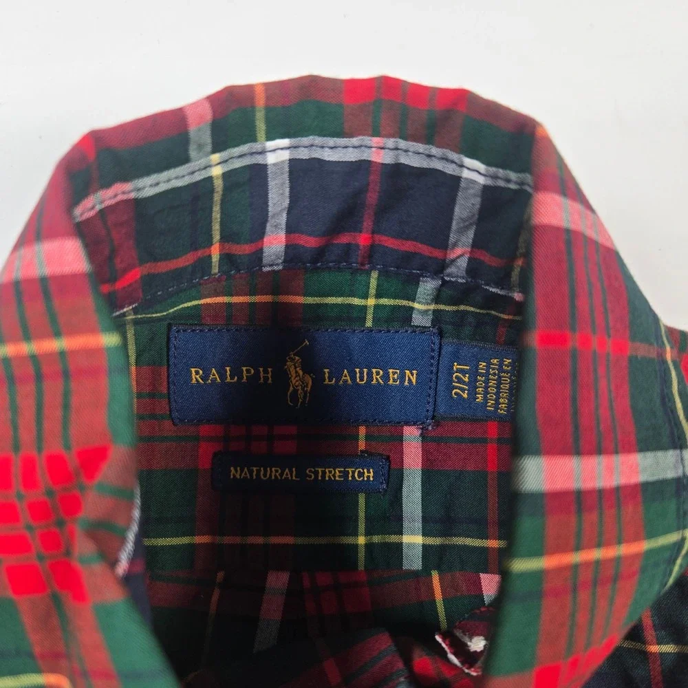 Ralph Lauren Button Down Kids 2T Red Green Plaid Holiday Tartan Pony Logo Shirt